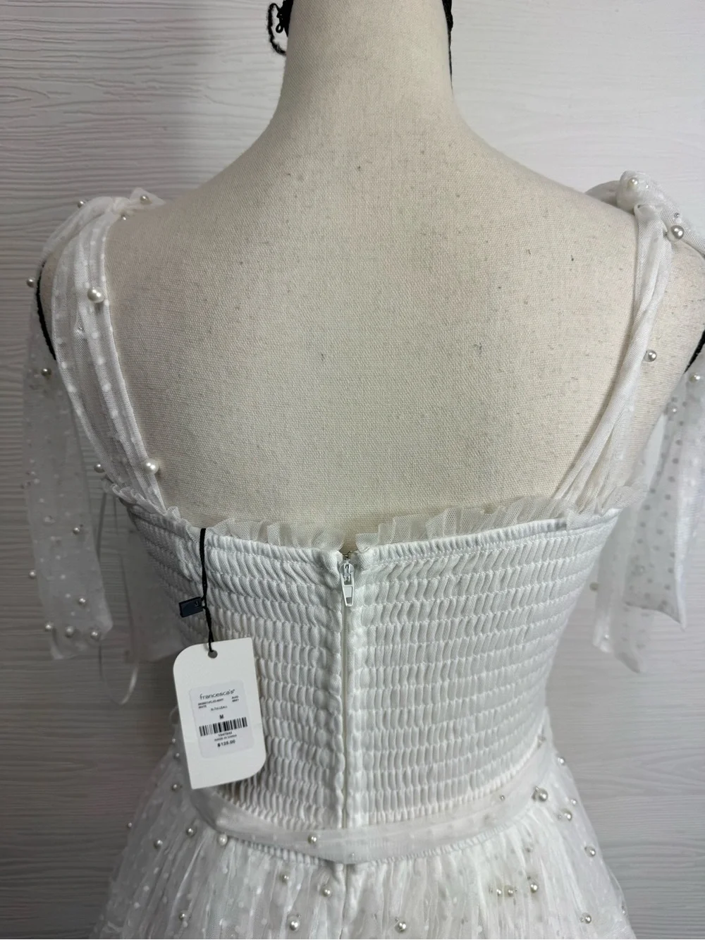 Francesca's Collections White Tie-Shoulder Tulle Pearl Mini Dress Medium - Picture 7 of 7